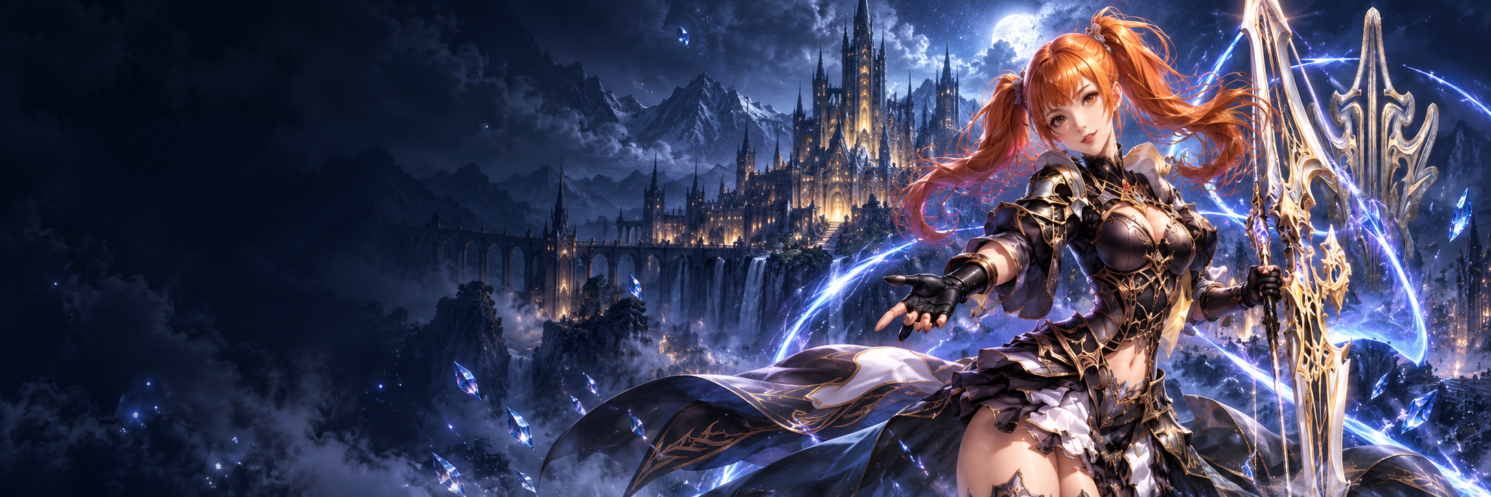 Heroína de L2Vanguard con su arco frente a un castillo, entre luces azules y doradas